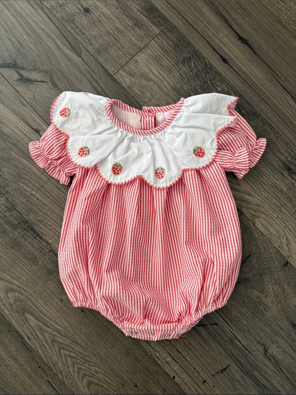 NEVER WORN Pink Striped Strawberry Bubble Romper with Scalloped Collar